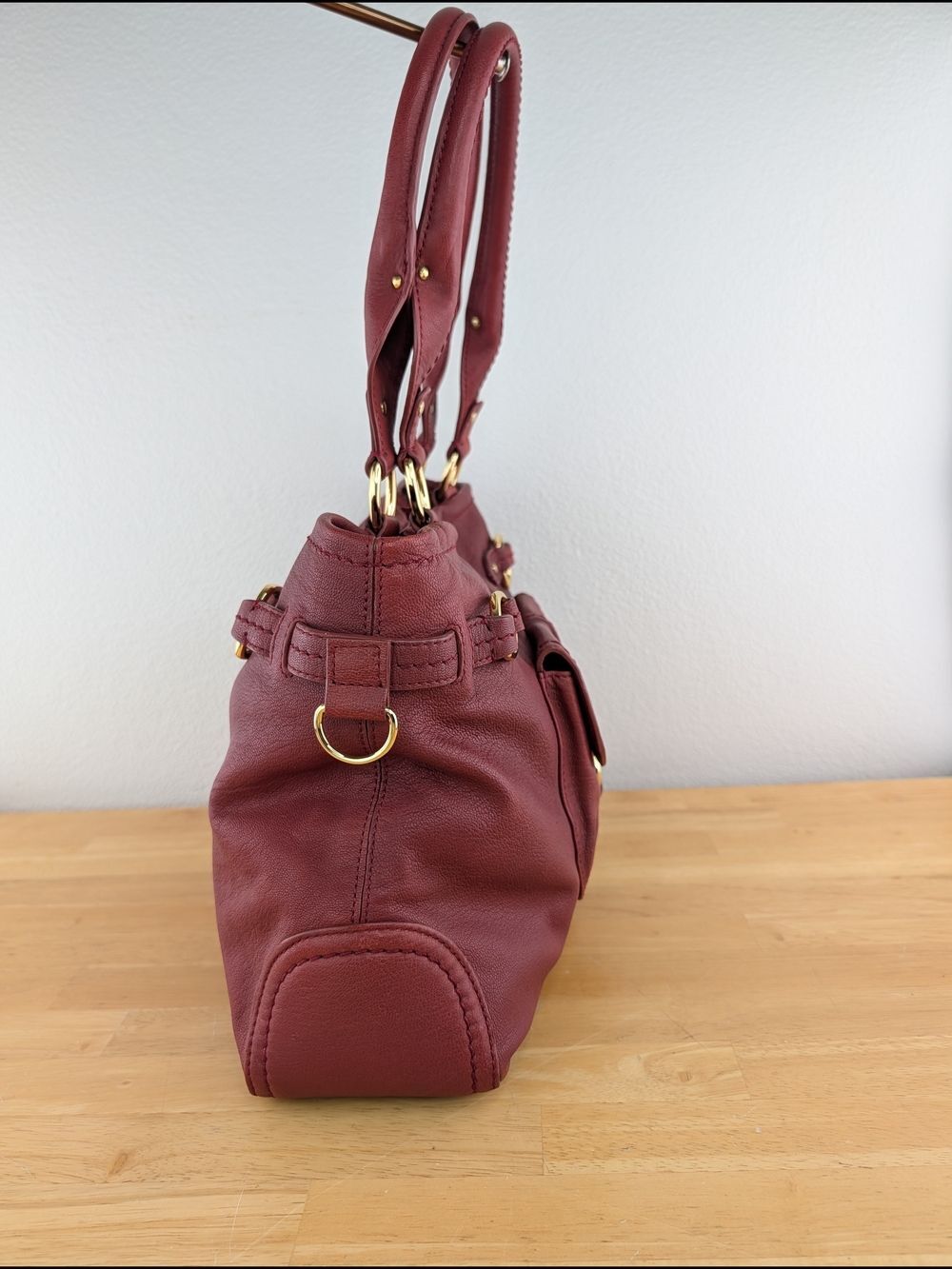 Sigrid Olsen Red Pebbled Leather Satchel Shoulder Bag Gold Stud Hardware Detail - Picture 10 of 16
